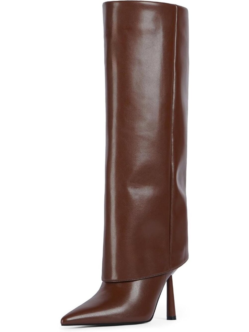 Women's Brown Faux Leather Pointed Toe Stiletto Heel Fold Over Knee High Boots